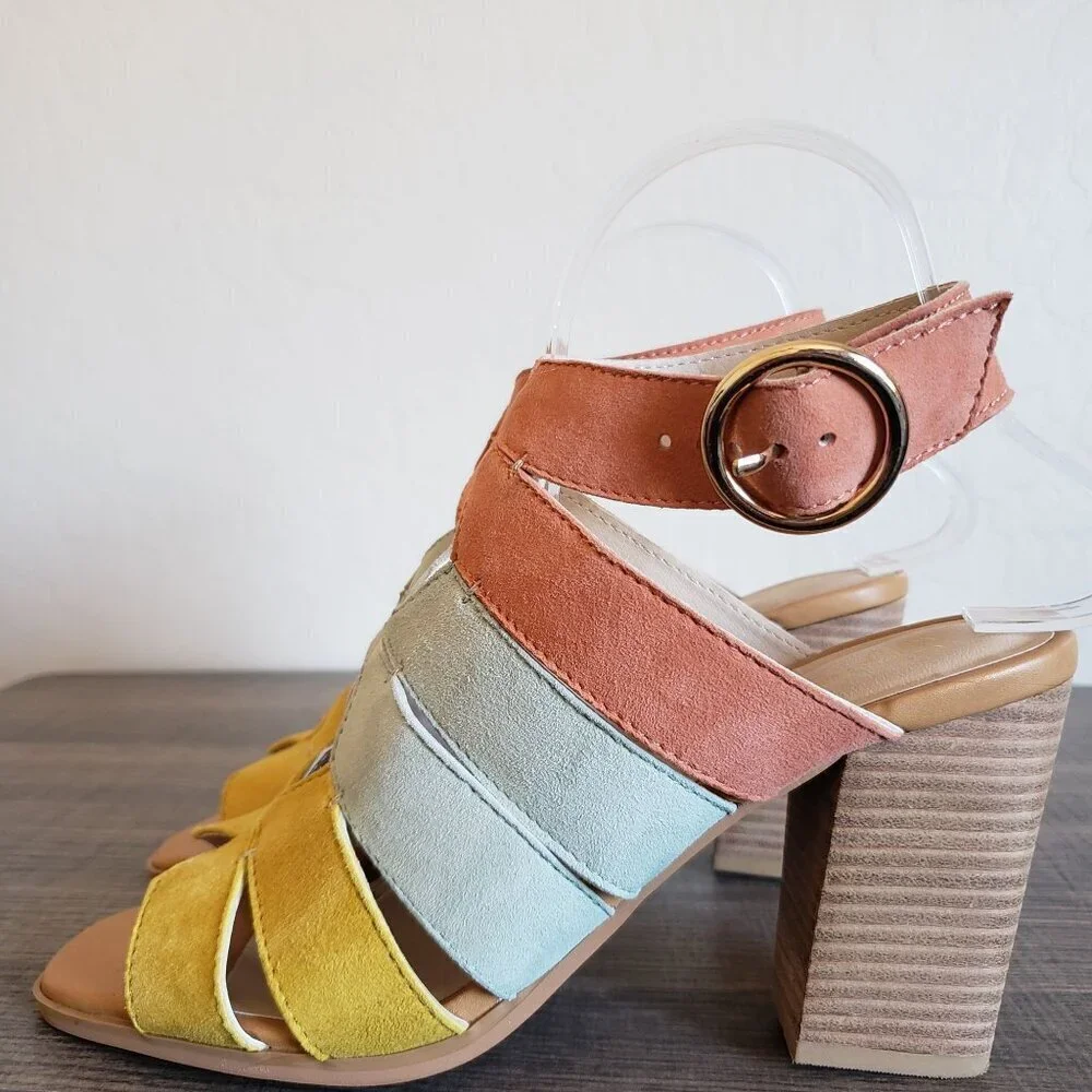 Seychelles Completely Engaged Pastel Suede Sandals Block Heel Multi Women's 7.5